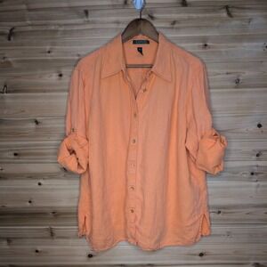 Lauren Ralph Lauren Womens 3X Orange 100% Linen Roll Tab Button Down Shirt